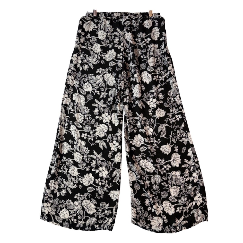 Wide Leg‎ Pants Black White Floral Women's L Palazzo Pants Boho Resortwear Beach